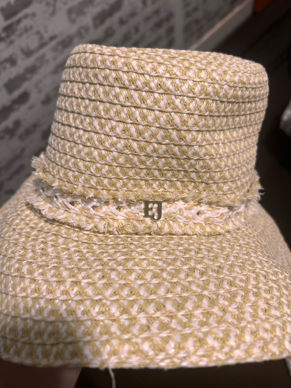 Eric Javits Cream and Tan Braided Straw Sun Hat
